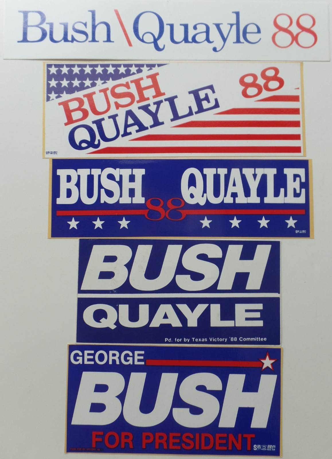 5-1988 George Bush 4 w/Dan Quayle 1 Texas Presidential Campaign Bumper Stickers