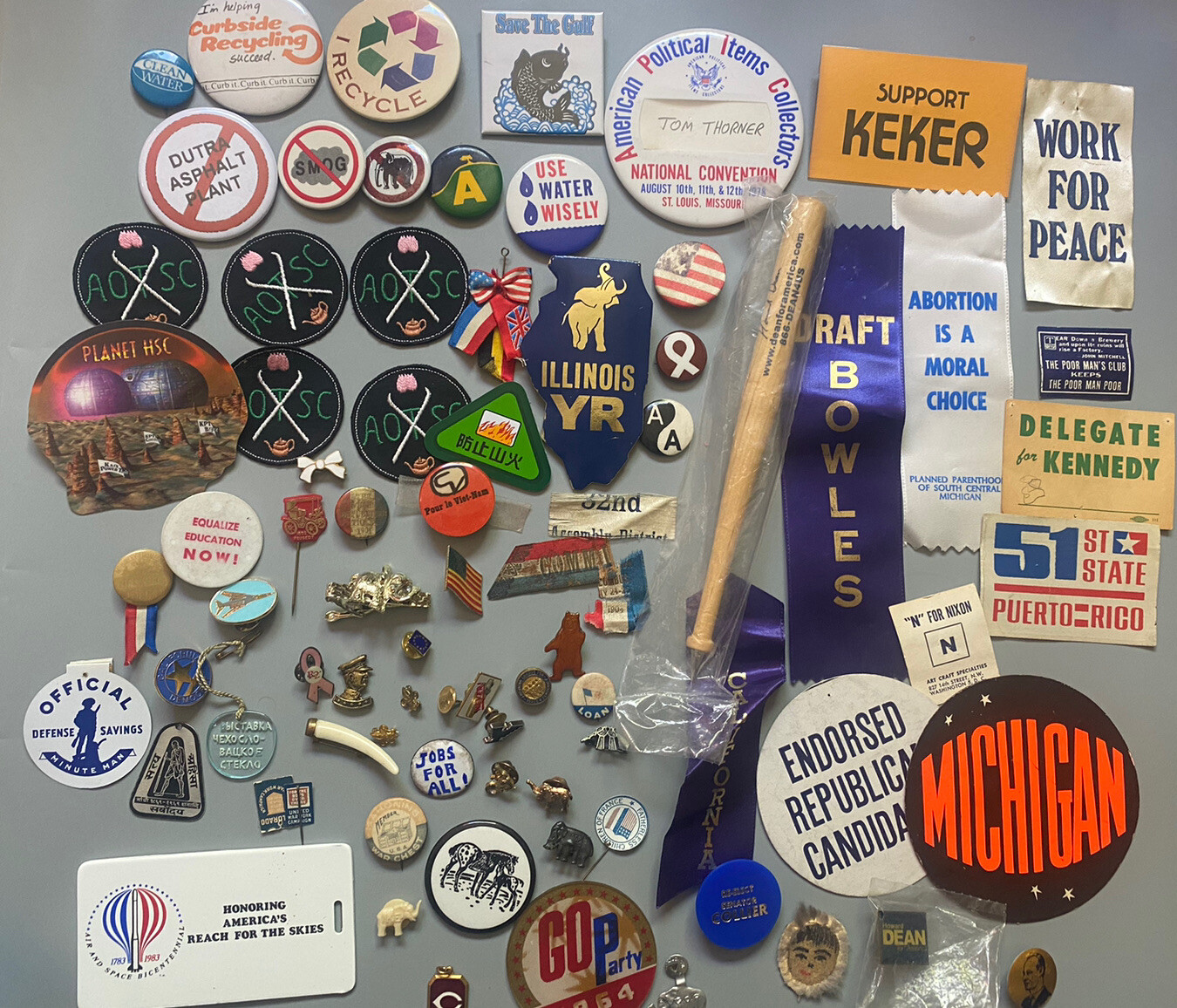 Collection of 75+ items, political buttons,lapel pin,ribbons,campaign, paper,ads