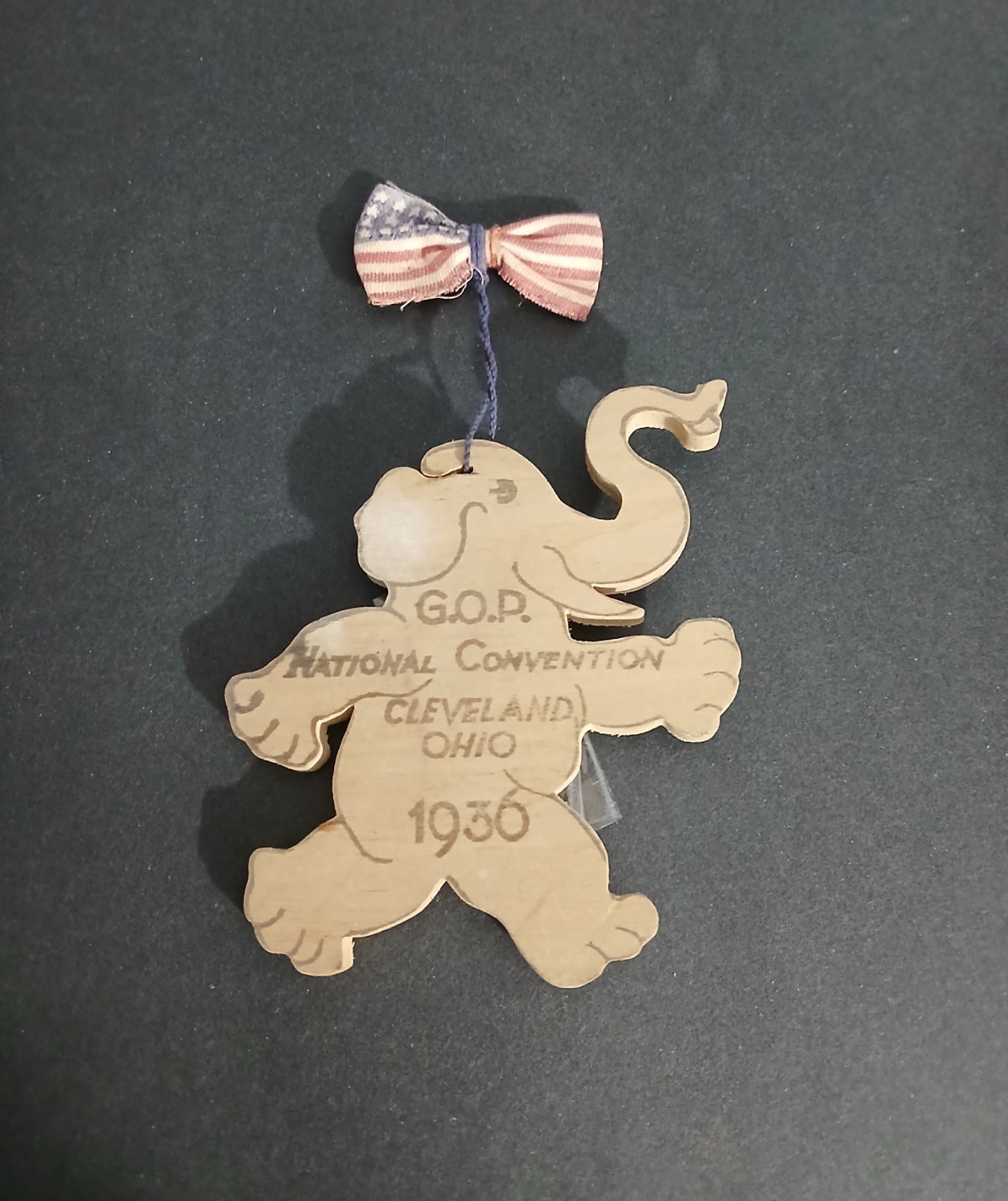 Extremely Rare 1936 GOP National Convention Wood Elephant with American Flag 1/1
