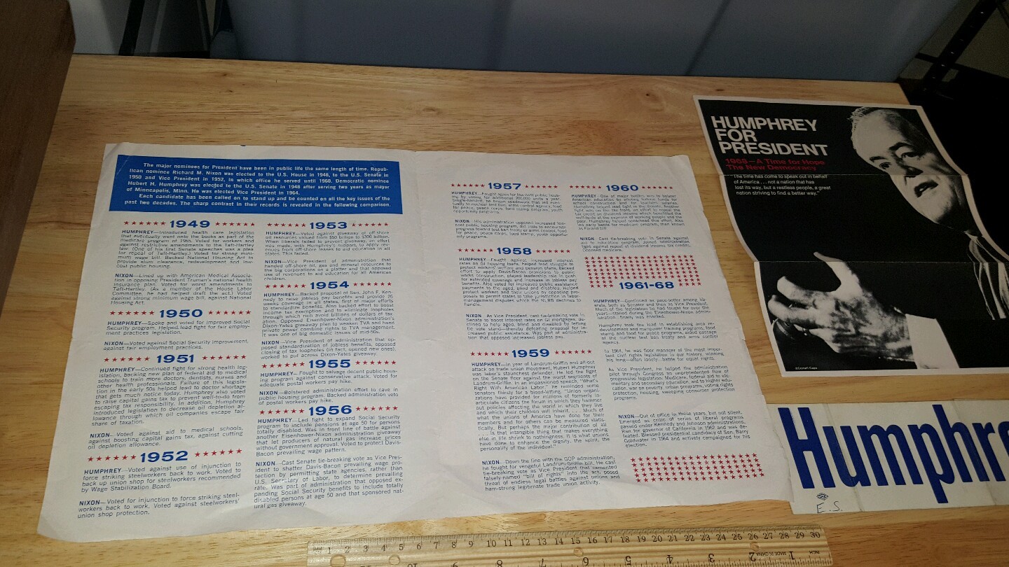 LOT OF THREE HUMPHREY VS NIXON PRESIDENTIAL CAMPAIGN ITEMS BROCHURE BUMPER STICK