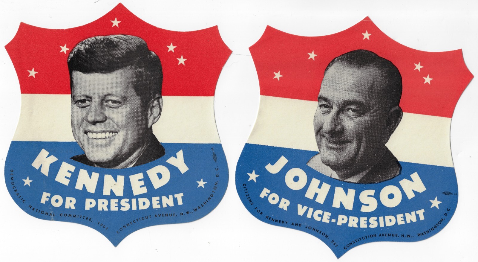 1960 Two Kennedy Johnson Prez Campaign Window Shield Decals Mature Image on JFK
