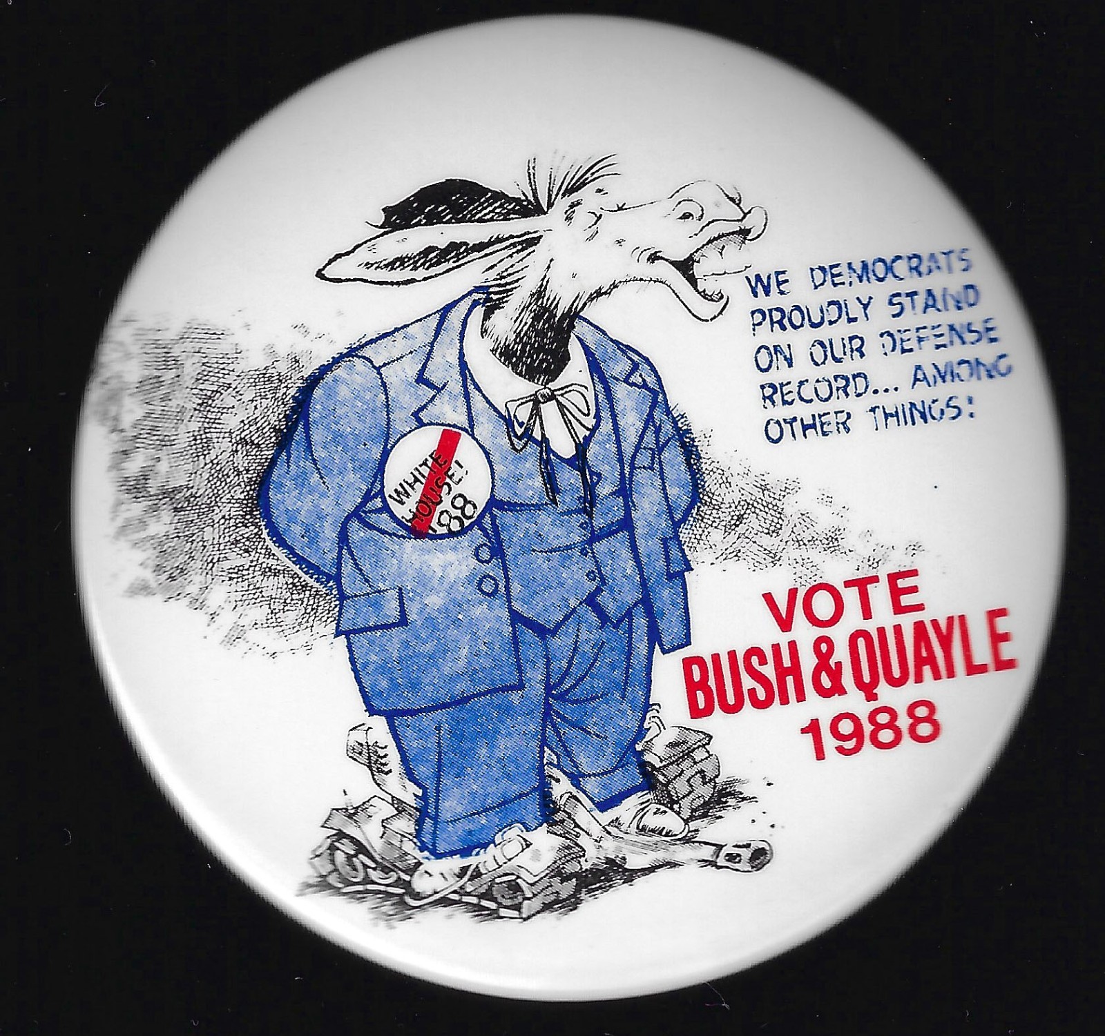 Fun 1988 Prez Campaign Cartoon Pin Demo Donkey Stand on Defense Vote Bush Quayle
