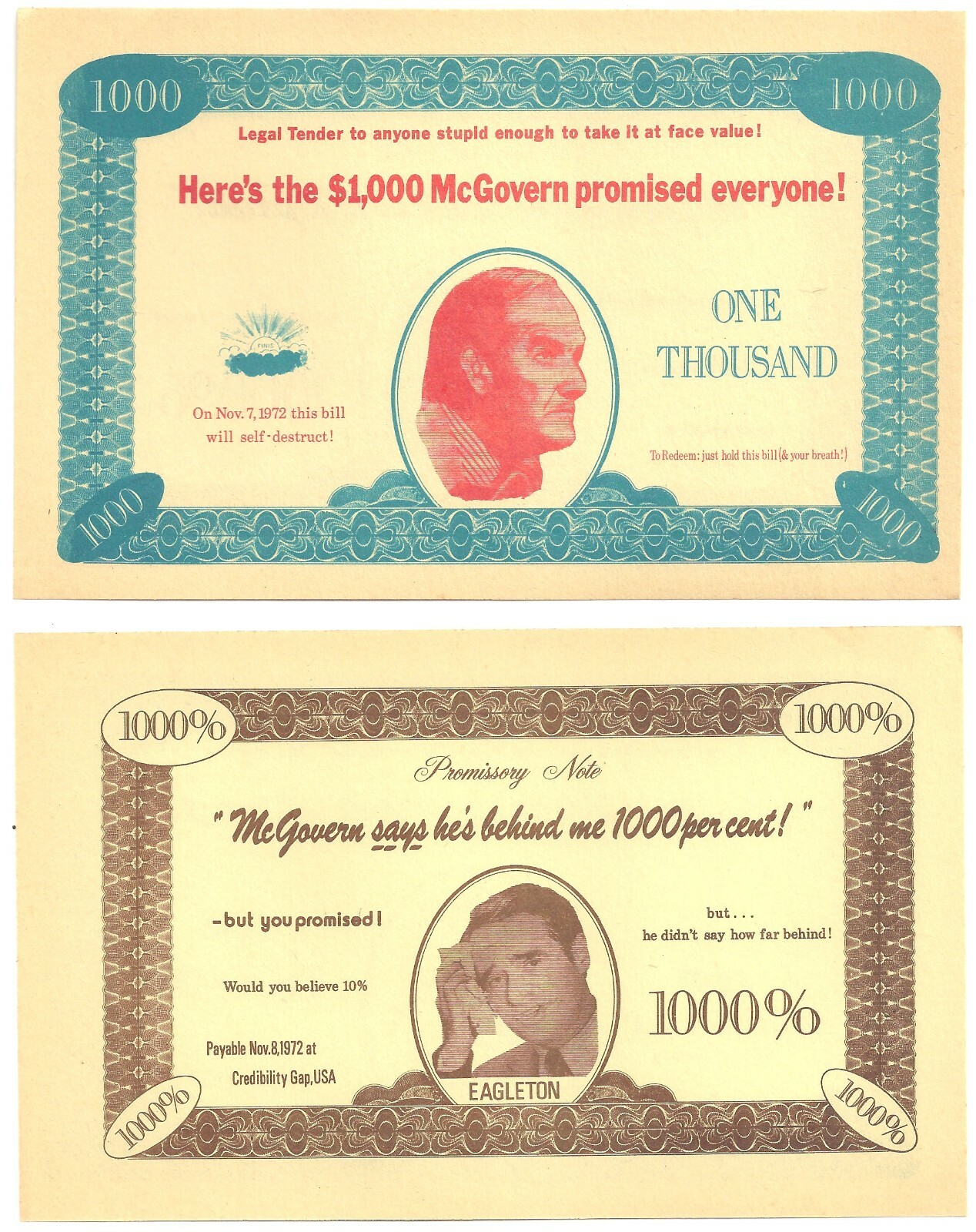 1972 McGovern & Eagleton $1000 Paper Money ~ Lot of 2 Satirical Bills