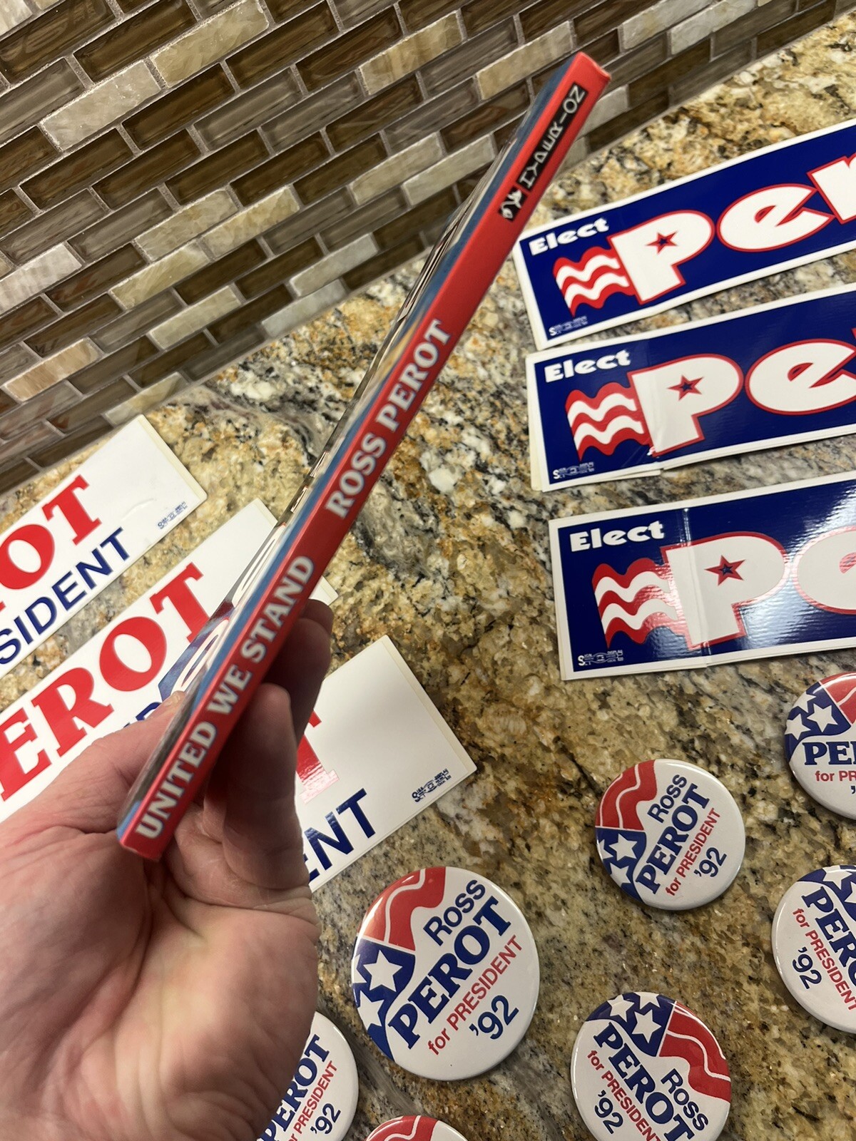 1992 ROSS PEROT Campaign LOT) Stickers / Pins /United We Stand Autographed Book!