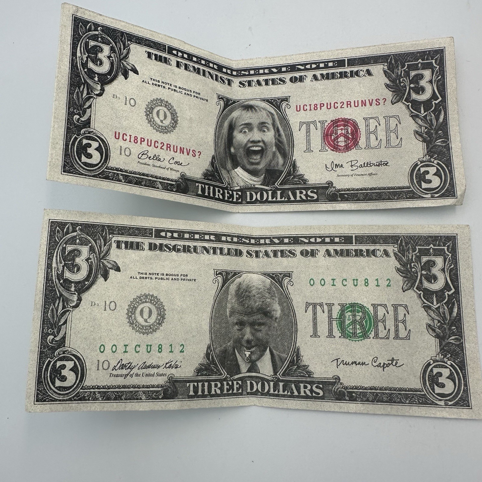 2- Parody $3 Bills: Bill & Hilary Clinton FAKE US Dollars- Political Humor