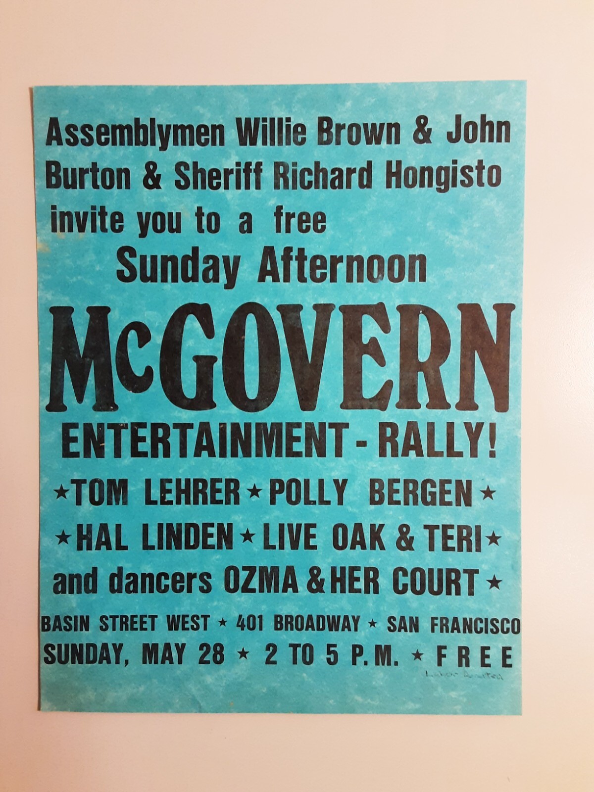 Mcgovern handbill 1972 / Willie Brown / Entertainment rally