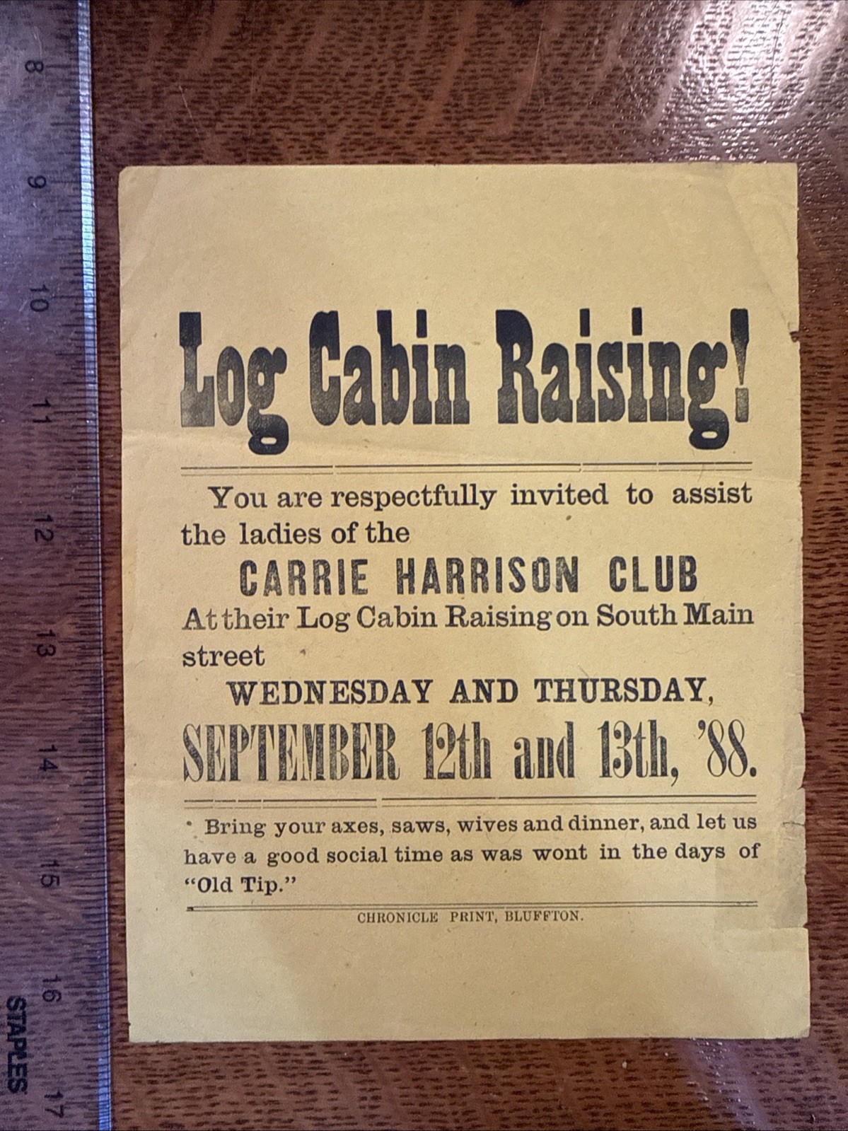 1888 Harrison Log Cabin Raising Party Flyer! Bluffton, Indiana
