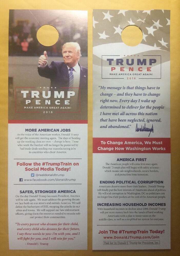 DONALD TRUMP MIKE PENCE Campaign Sign Door Hanger Poster Official Campaign