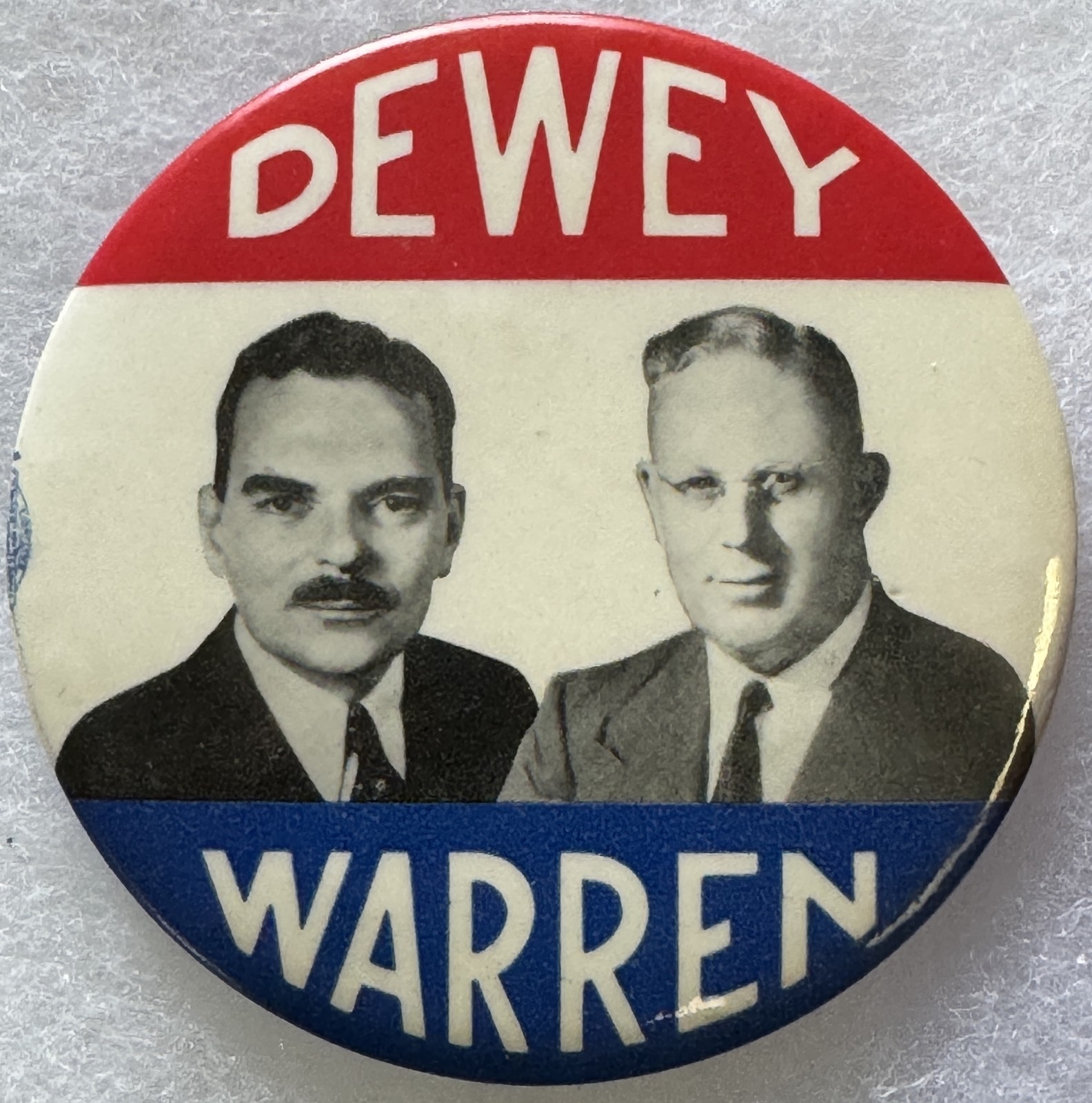 1948 THOMAS DEWEY- EARL WARREN 3 1/3″ GRAPHIC CELLULOID PHOTO BUTTON, NR-MINT