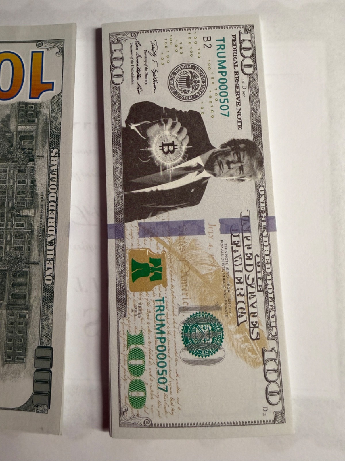 Donald Trump BTC President, 10 X One Hundred Dollars, 2025 NOVELTY Bill, UV Pass