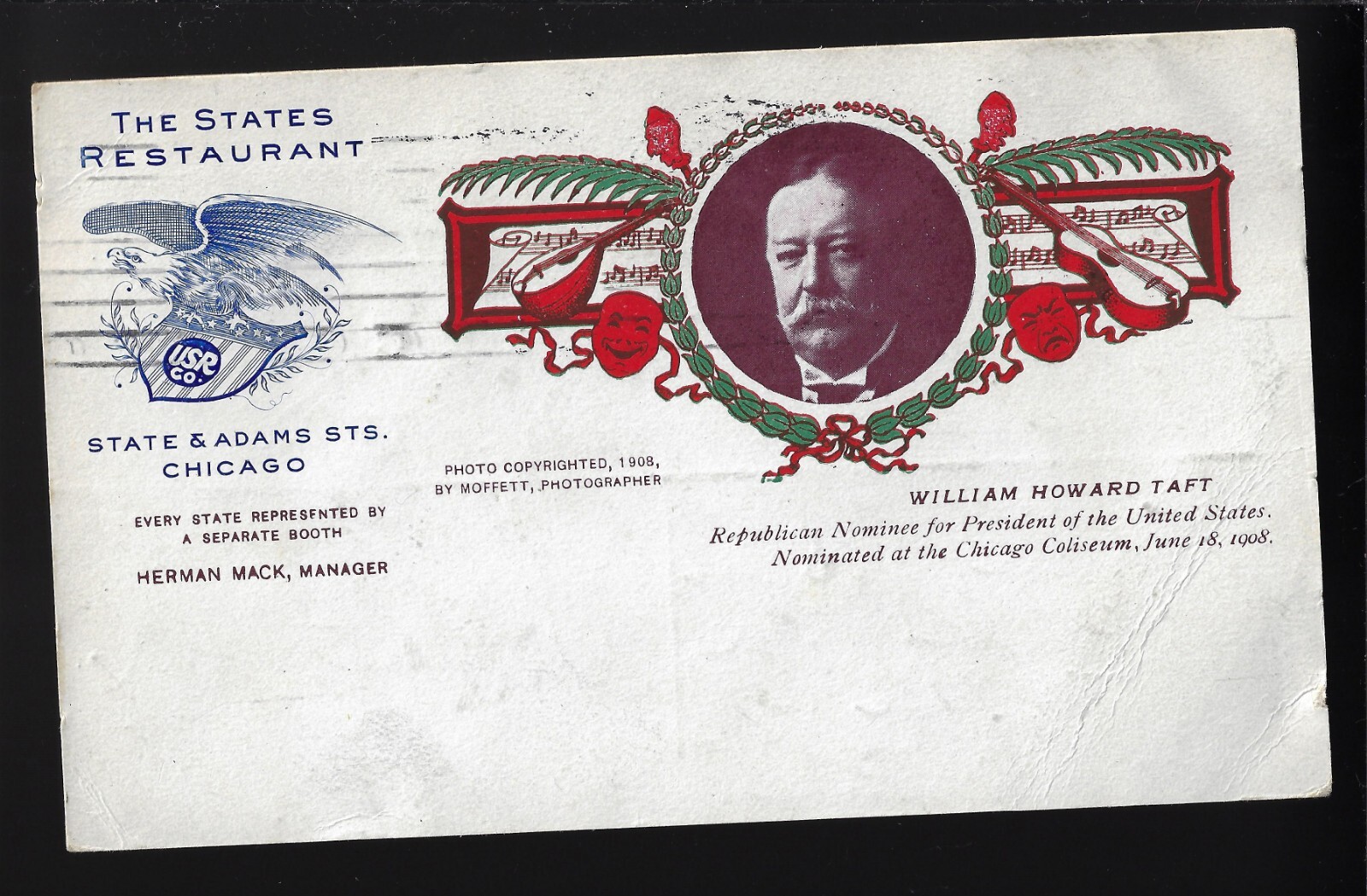 1908 Wm H Taft GOP Nominee 4 US President Postcard States Restaurant Chicago Adv