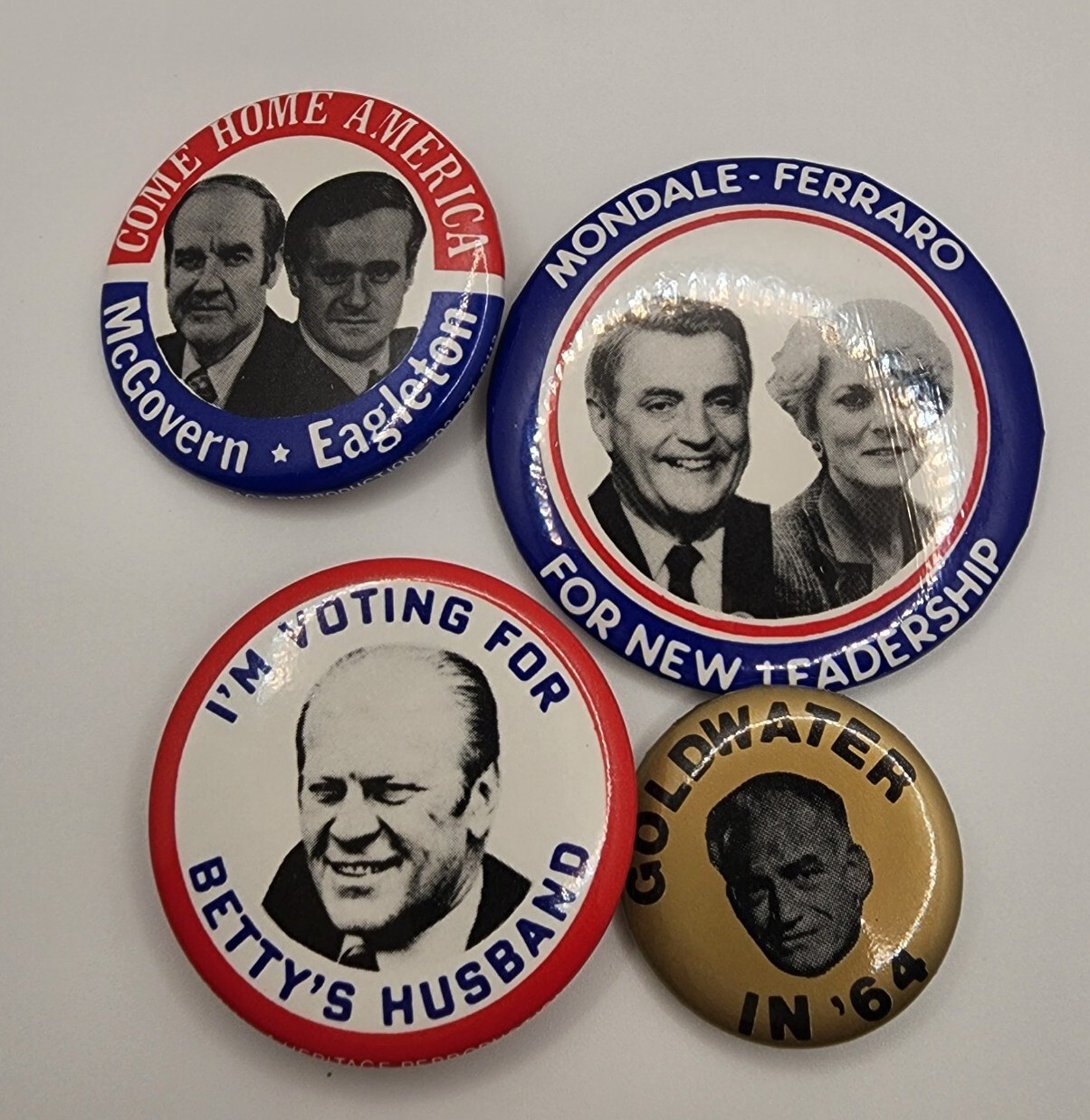 Pinback Buttons Lot 4 Including 1st Female USVP Candidate 60s-80s Political
