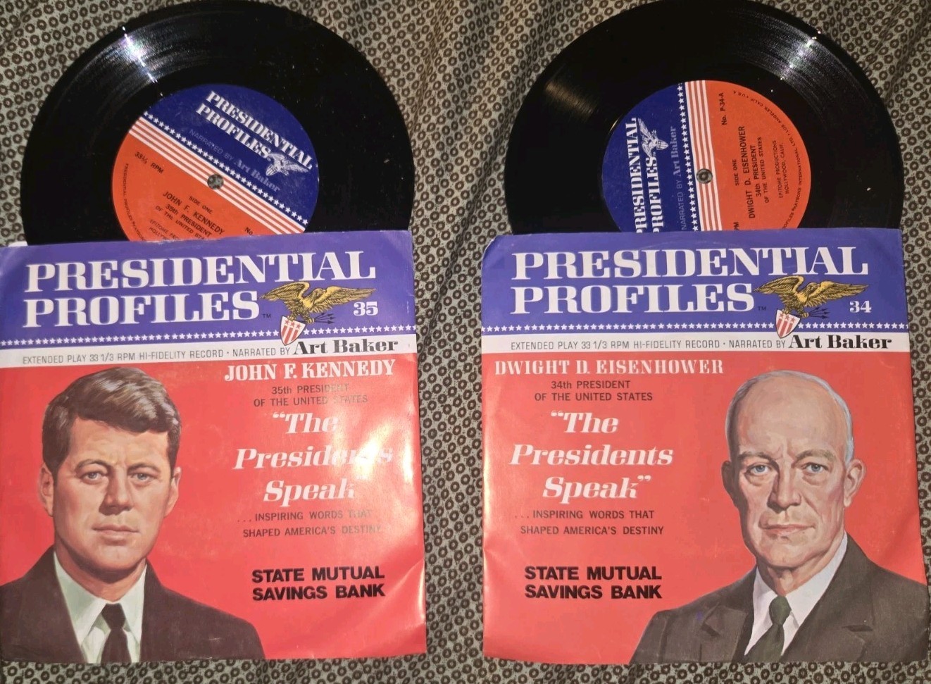 JFK & Eisenhower – Presidential Profiles 7″ Vinyl Lot – Art Baker – 1960s