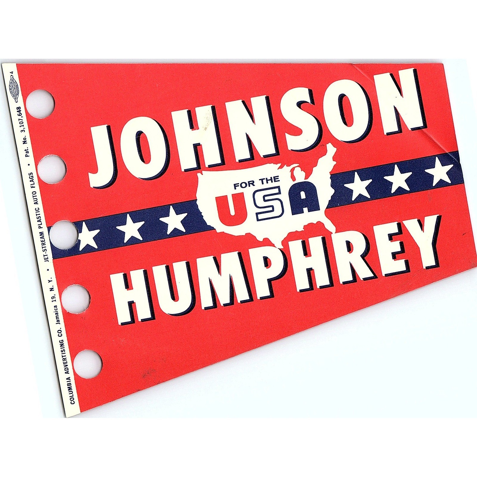 Vtg Johnson Humphrey for the USA Political Campaign Paper Auto Pennant Flag