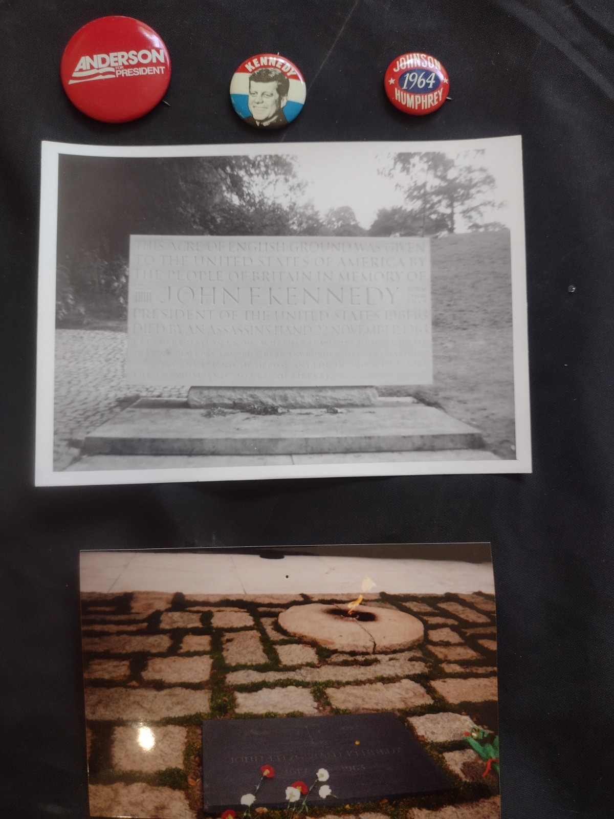 Political memorabilia, 1960 JFK pin , 1964 LBJ pin, 2 PHOTOs Arlington, Anderson
