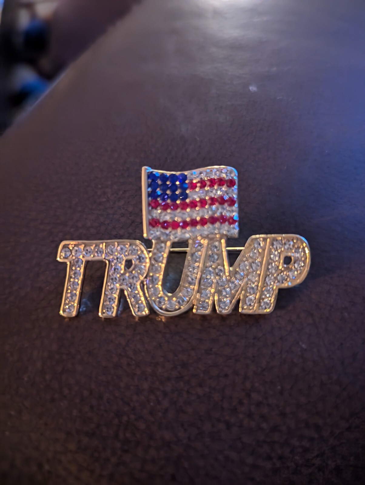 Trump Pin with USA Flag, Crystal Lapel Brooch Memorabilia In Gift Box