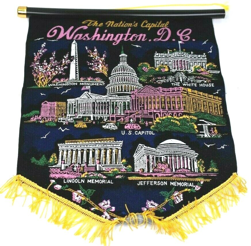 Vintage Washington DC Banner Tapestry Souvenir Fringe Velvet flocked Memorial