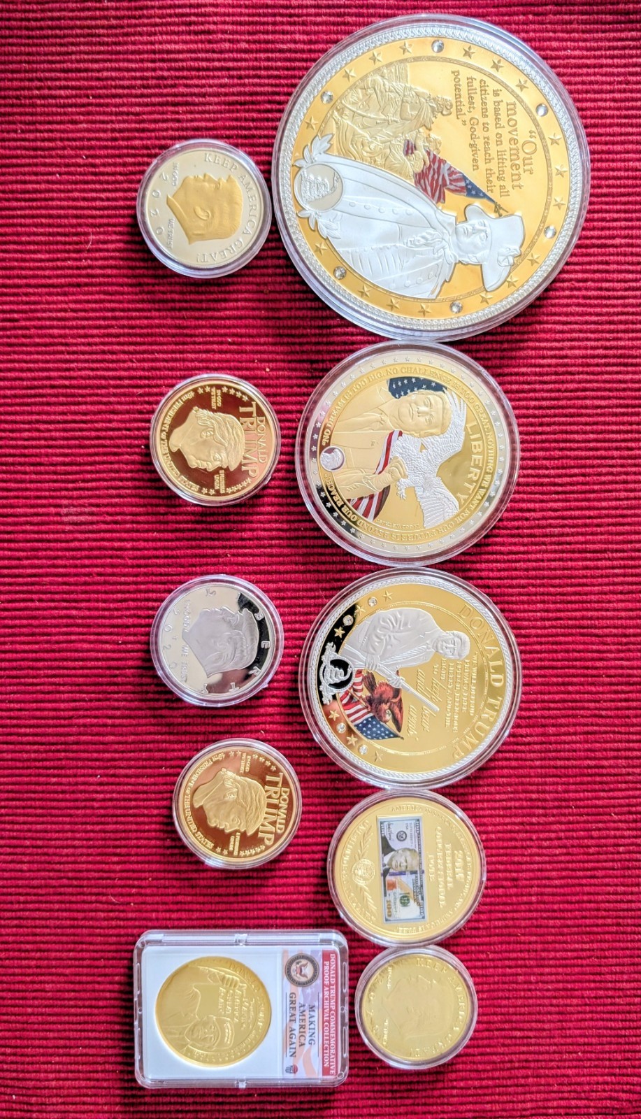 10 Gold/Silver Plated Donald Trump Coins in Protective Holders. MAGA.