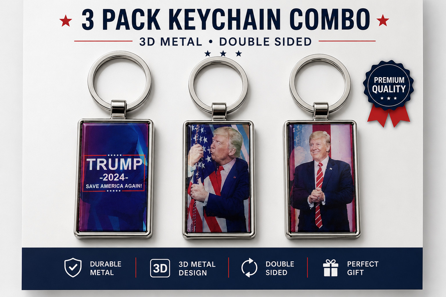 3 – 3D Trump Patriotic Metal Keychain Double-Sided USA Flag Collectible Key Ring