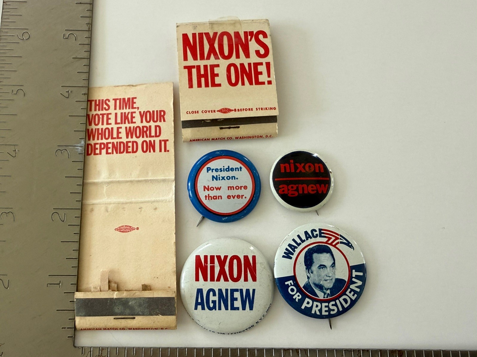 Nixon’s the One and Agnew Political Memorabilia Pins and Match Books & Wallace