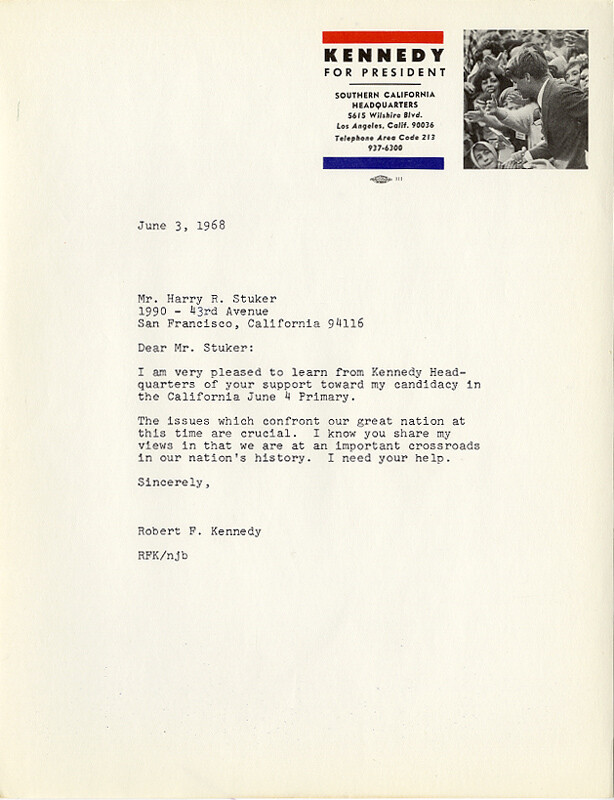 June 1968 Robert Kennedy California Primary Campaign Volunteer Thank You Letter