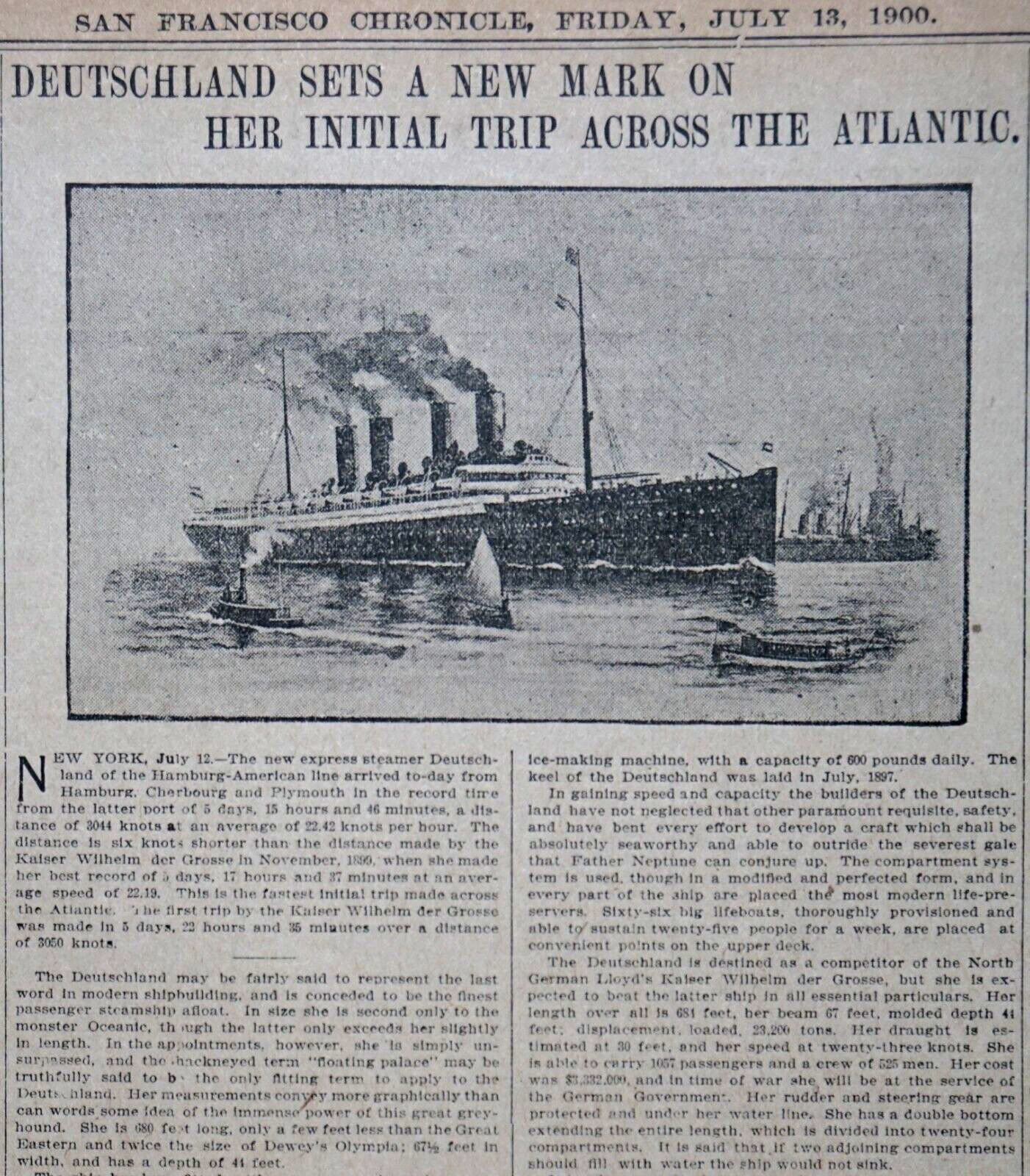 1900 Newspaper Page – Deutschland Ship Sets Mark, McKinley-Roosevelt Nominations