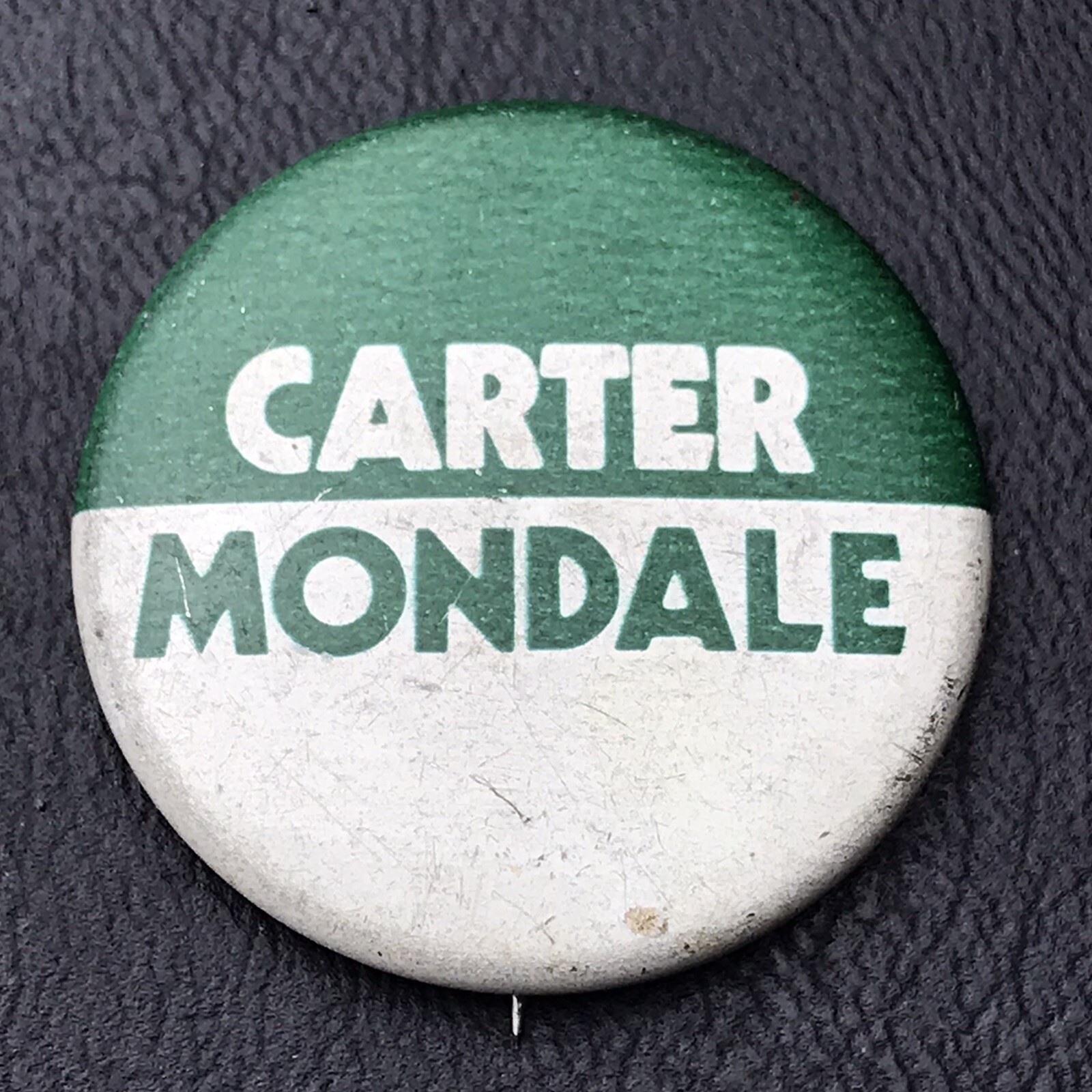 Jimmy Carter Mondale Political Campaign Button Pin Green White Collectible