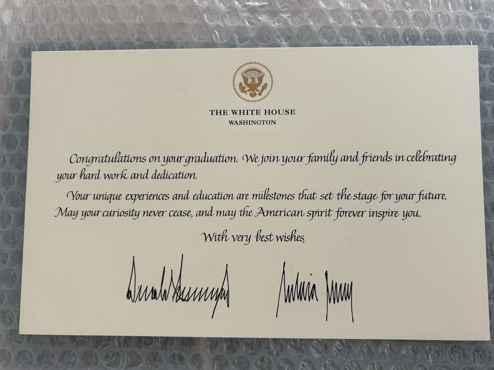 TRUMP GRADUATION CARD WHITE HOUSE SIGNED DONALD REPUBLICAN MAGA OFFICIAL EAGLE