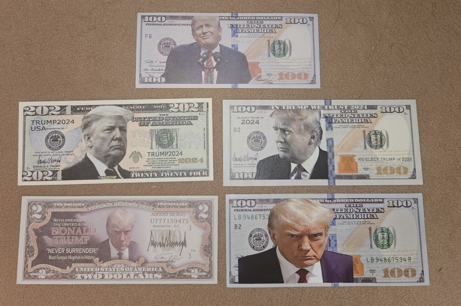 5 DIFFERENT Donald Trump FUNNY MONEY 100 Dollar Bills Not Legal Tender