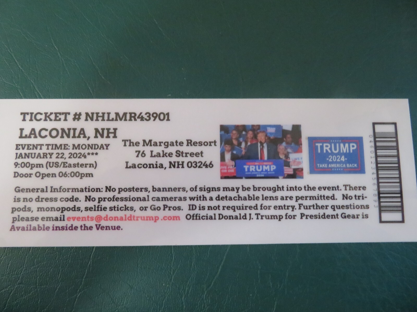 DONALD TRUMP 2024, “TAKE AMERICA BACK RALLY”, LACONIA, NH. 01-22-2024, TICKET