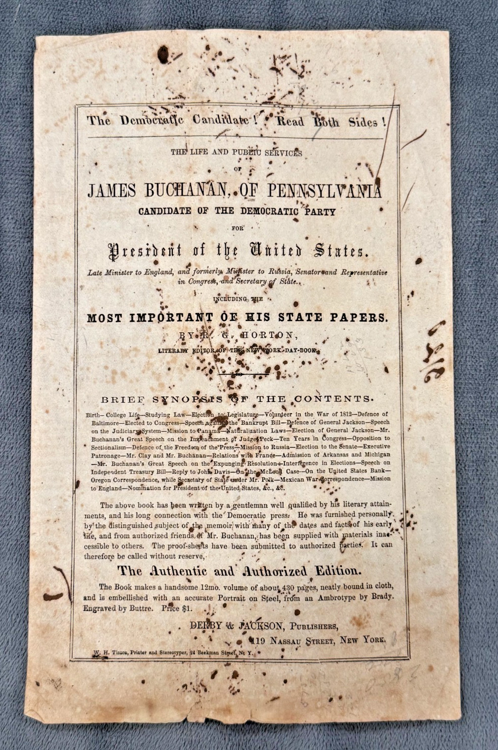 1856 Presidential Candidate James Buchanan Handbill Flyer Campaign w Book Ad