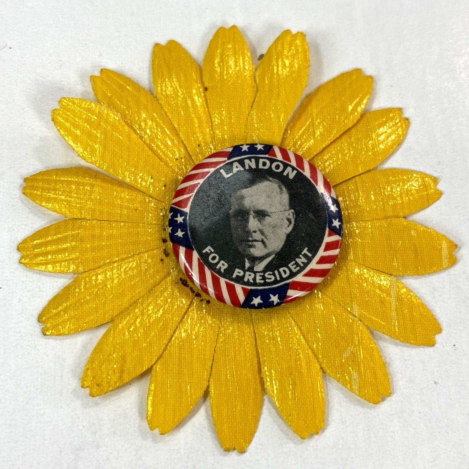 Vtg 1936 Alf Landon Presidential Campaign Pin Yellow Sunflower Crepe Paper Badge