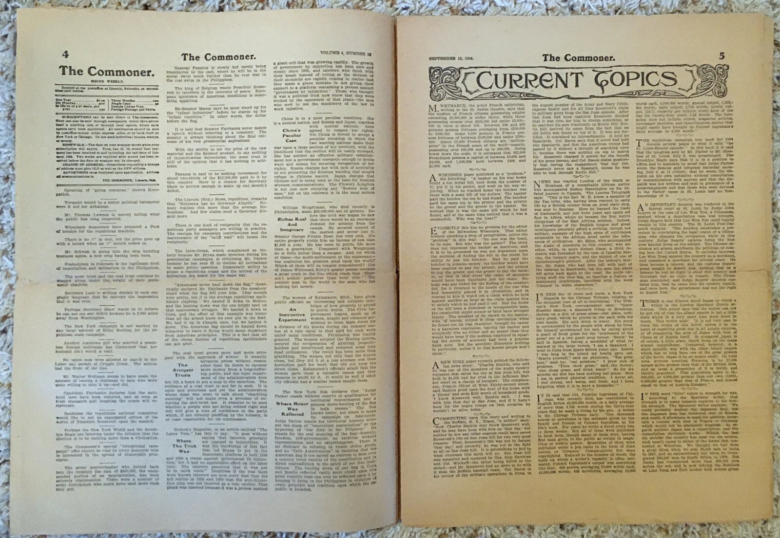 WILLIAM J BRYAN 1904 ANTI-TEDDY ROOSEVELT CAMPAIGN PUBLICATION “THE COMMONER”