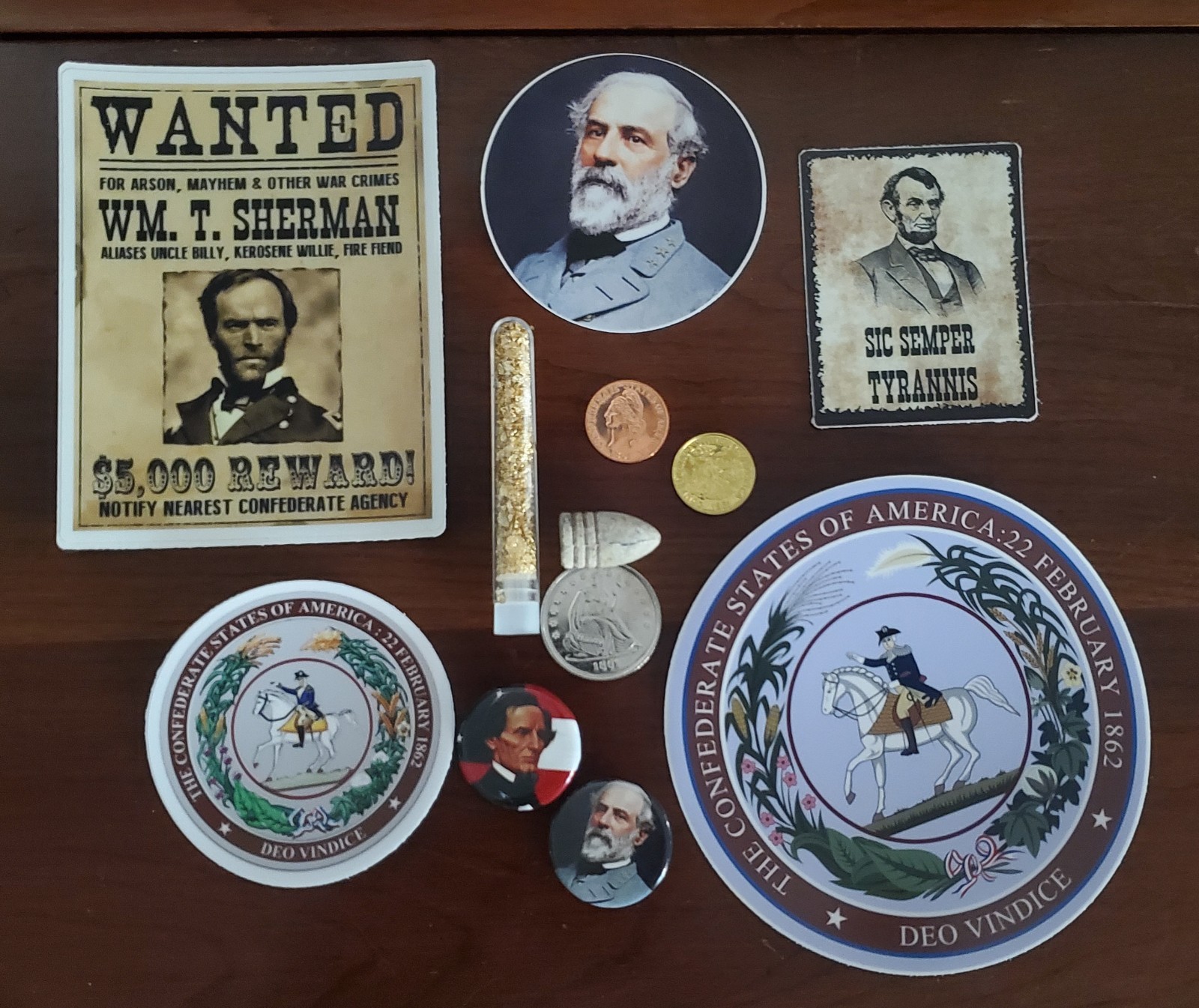 DRUNK DRAWER LOT: Confederate Gold Political buttons stickers medals 🏅 CSA SEAL