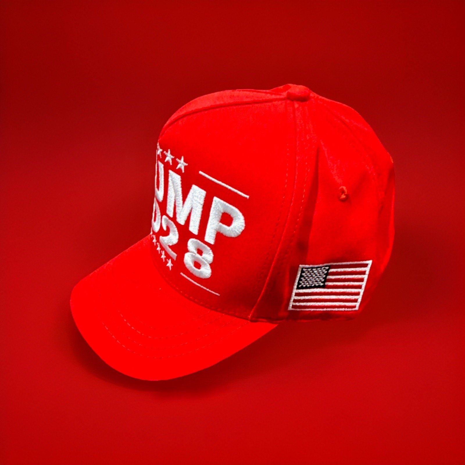 Official Cali-Fame Trump Store TRUMP 2028 Red Hat w/American Flag Made in USA
