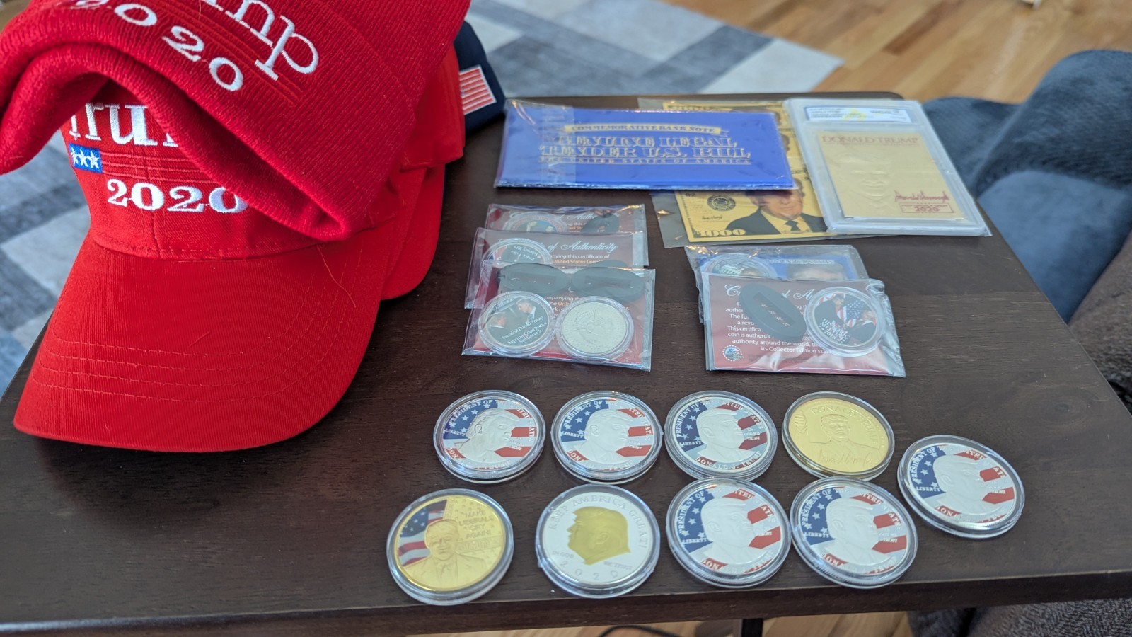 Trump 2020 Campaign Memorabilia Lot – Hats, Beanie, Coins, Cards