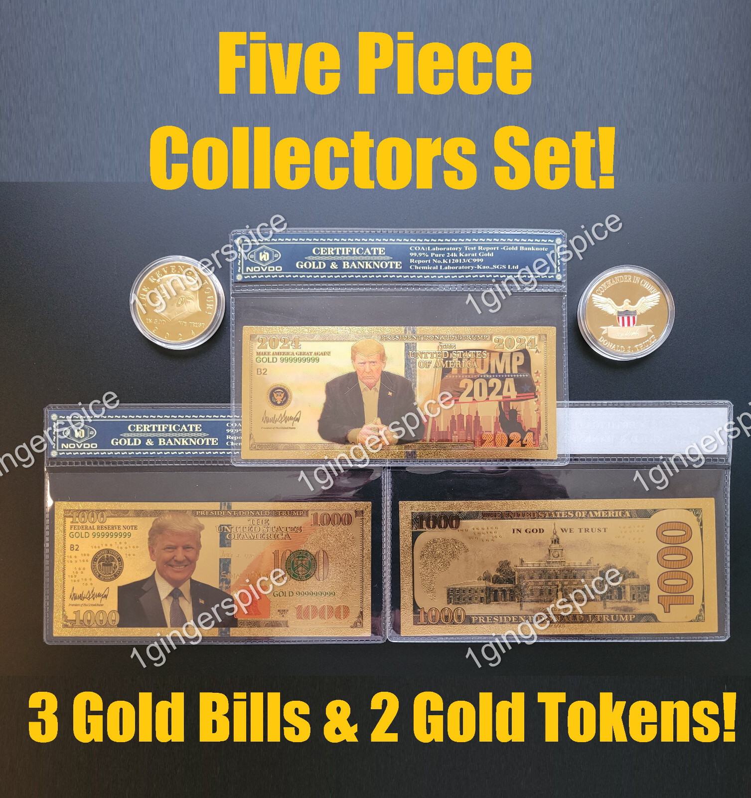 🇺🇸🦅 BEST President Donald TRUMP 2024 GOLD Collection 3 Bills + 2 Coins! 🇺🇸