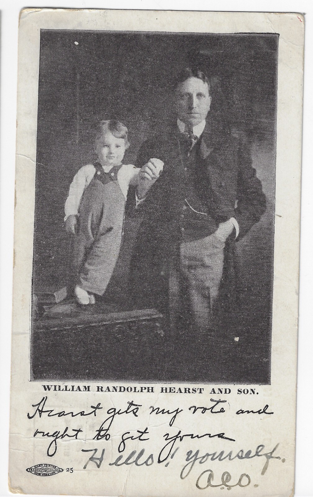 Tough 1906 William Randolph Hearst 4 NY Governor Campaign Postcard w/Son George