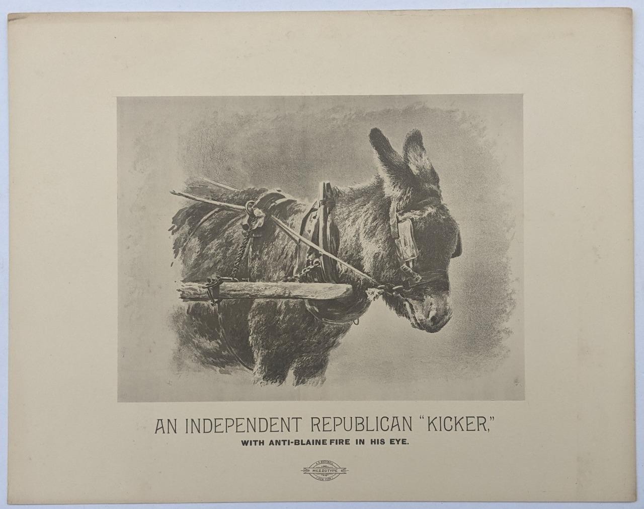 c1880s POLITICAL PRESIDENT, DONKEY w BLINDER s for ANTI BLAINE REPUBLICAN KICKER
