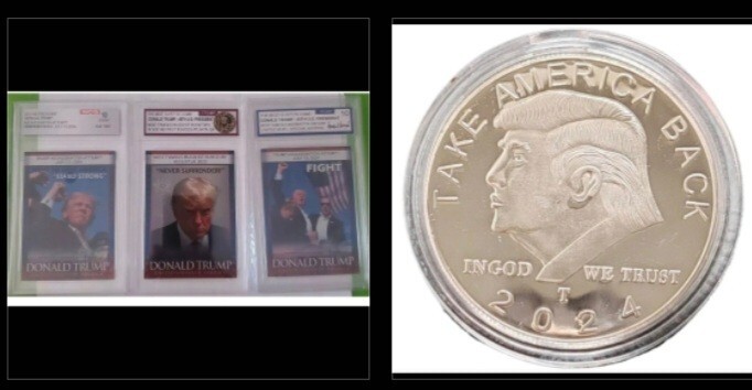 Trump assassination WCG FIGHT + MUGSHOT NEVER SURRENDER card set & Coin Lot Of 4