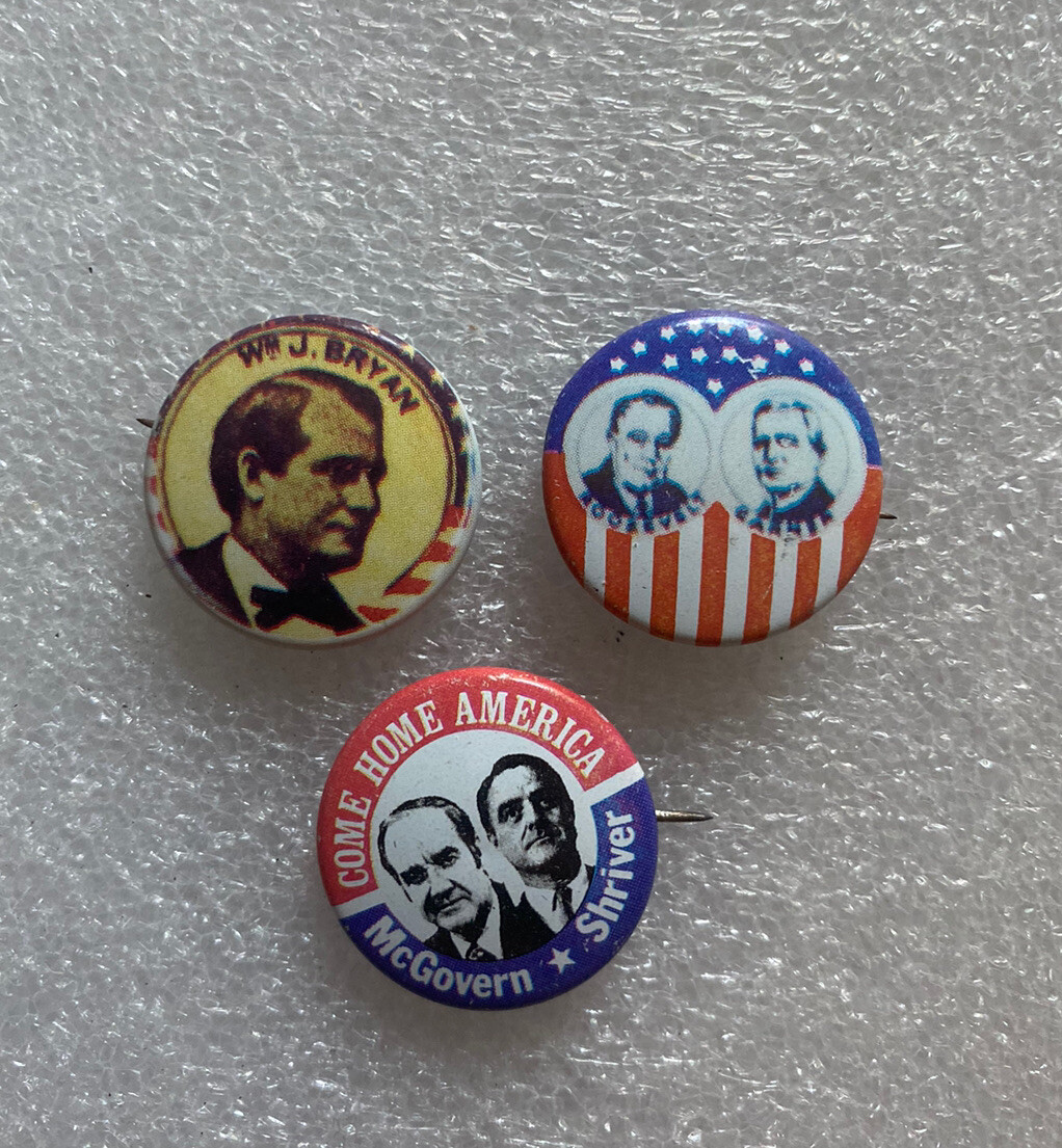 Mixed Lot of 3 Reproduction 1976 WJ Bryan Roosevelt McGovern/Shriver pin buttons