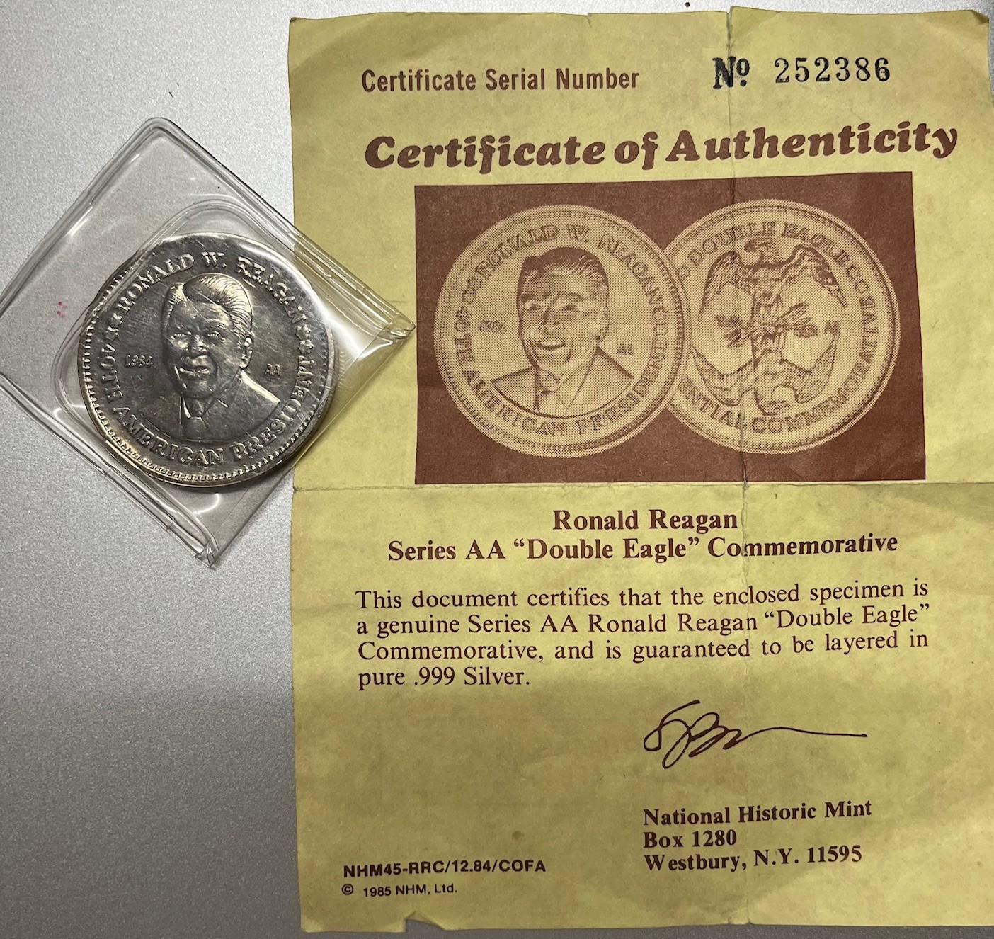 President Reagan 1984 Commemorative Coin w/ Certificate, layered in .999 Silver