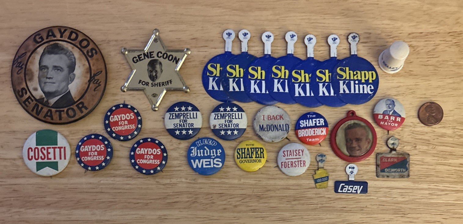 Lot of 26 political buttons/tabs/key chain/thimble Local/State Pennsylvania