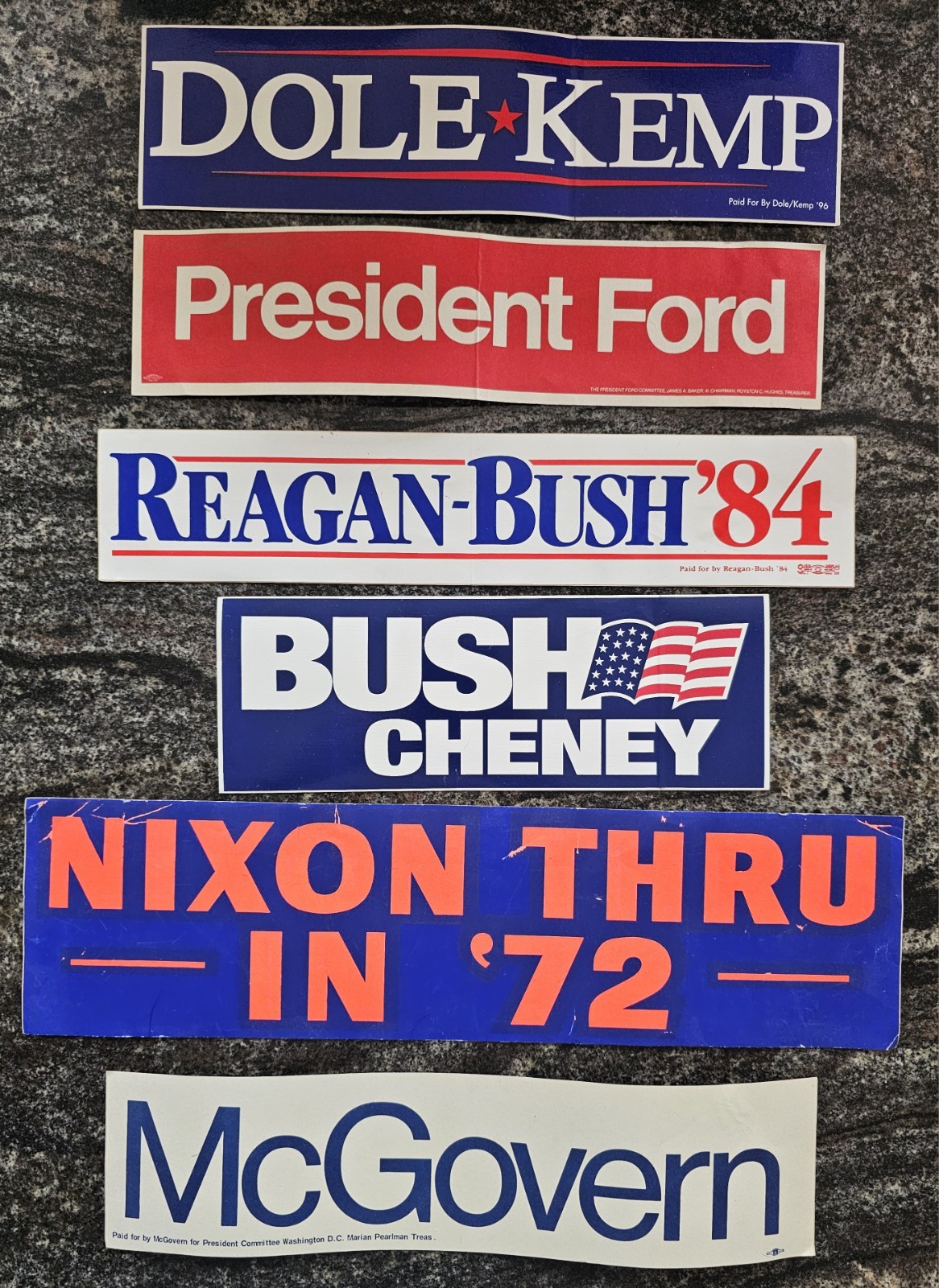 Campaign Bumper Stickers, Lot of 6, Nixon to Bush, Unused
