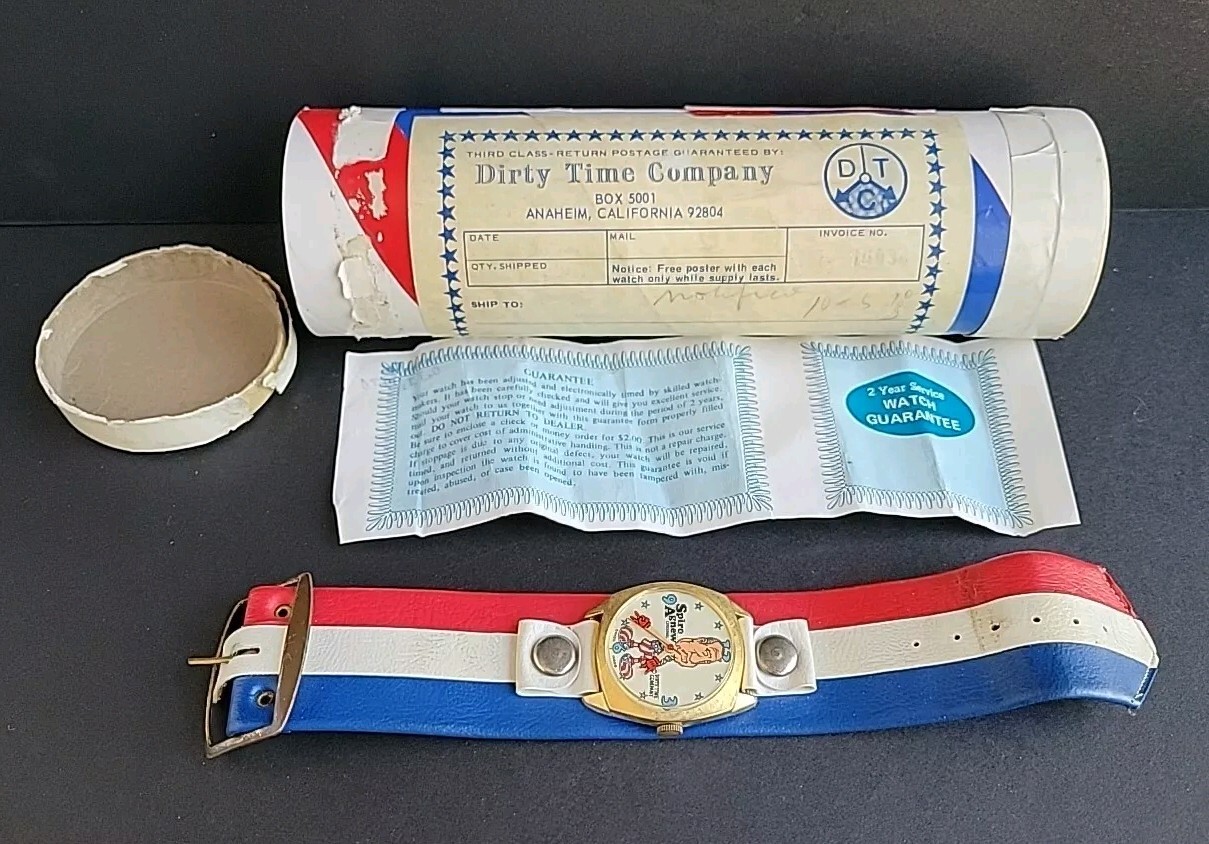 Vtg Spiro Agnew Watch “Dirty Time Company” Swiss Made w/ Original Tube *PLS READ