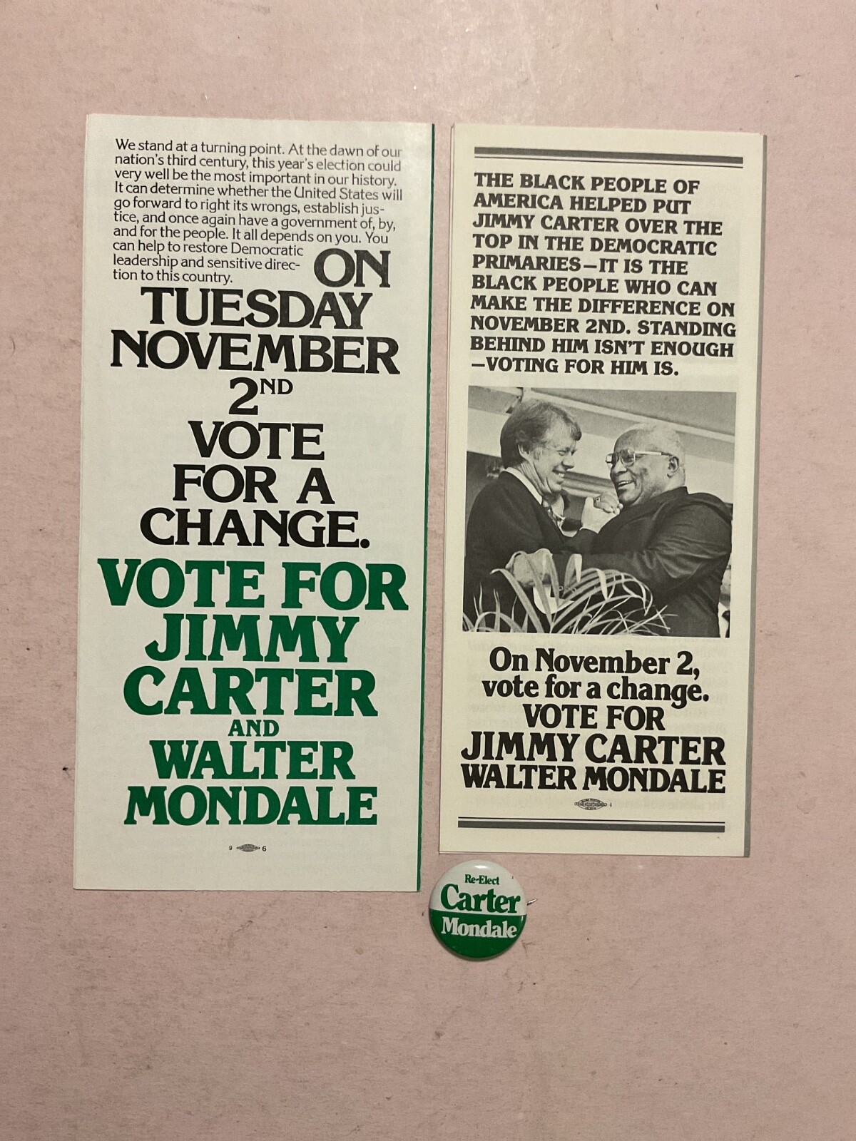 (2) 1976 Jimmy Carter & Walter Mondale Presidential Campaign Brochures + Pin