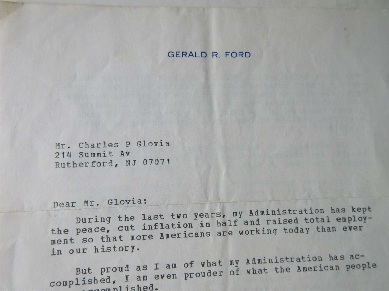 Gerald Ford Campaign Letter 1976 Requesting Your Vote