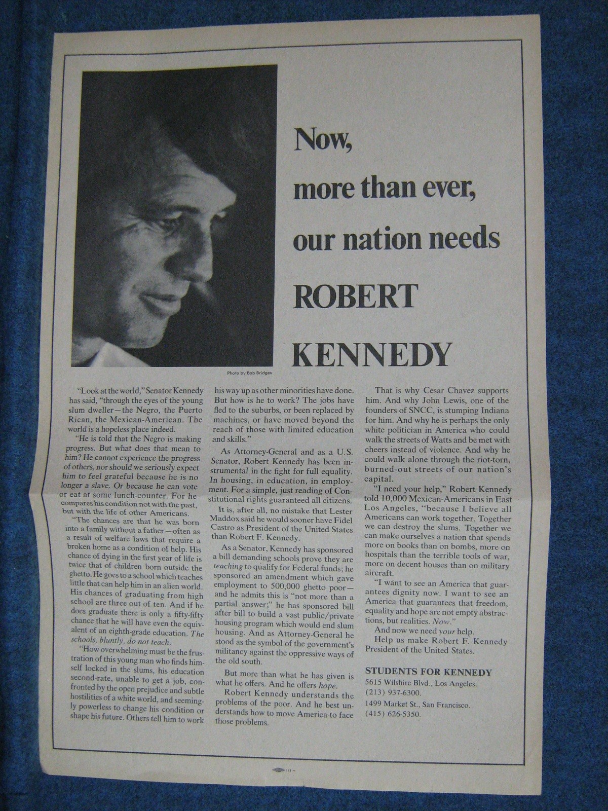 1968 Robert F Kennedy Paper Poster/ Flier Calif ~To Help Negro Mex-American Etc.