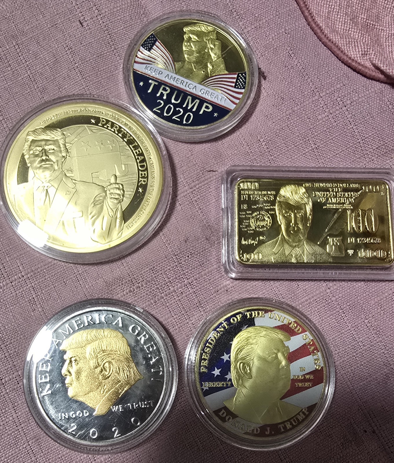 Lot Of 5 2020 Donald J Trump Collectable Coins, Party Leader, 100 Bar. All Mint