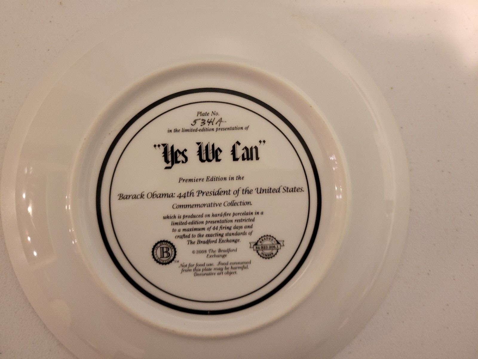 PRESIDENT BARACK OBAMA Bradford Exchange Limited Ed. YES WE CAN 2008 Plate
